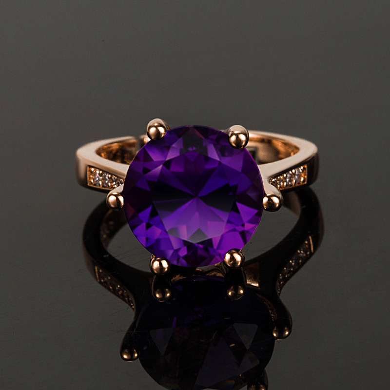 Korean style round diamond amethyst open ring for women six prongs diamond purple diamond ring ring simple fashion jewelry