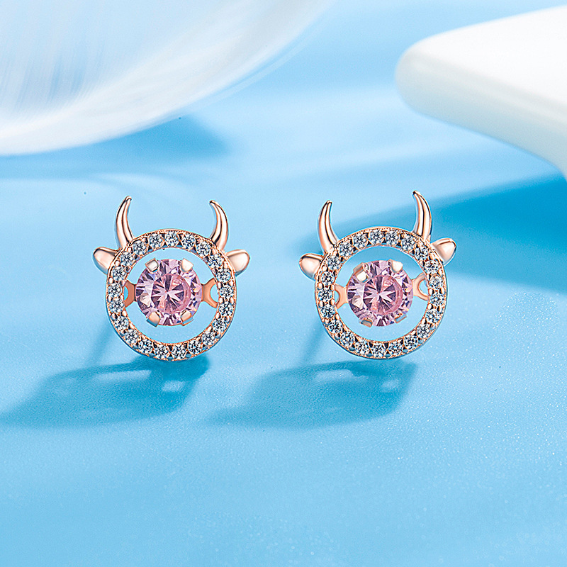Japanese and Korean calf smart earrings for girls whose birth year is calf rose gold diamond zircon smart earrings jewelry