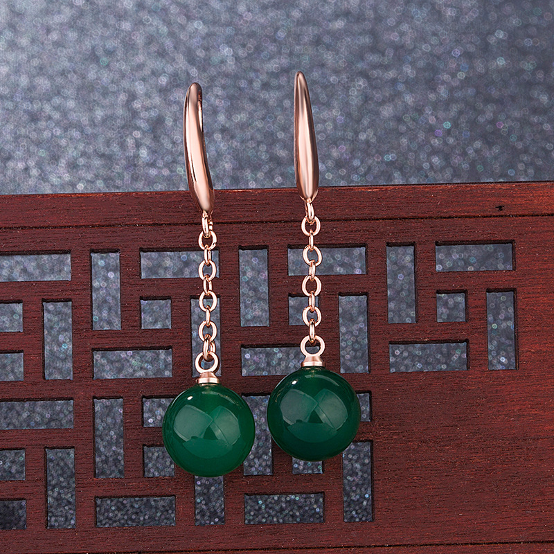 Retro ethnic style green chalcedony long earrings for women rose gold green agate long earrings for girlfriend birthday gift