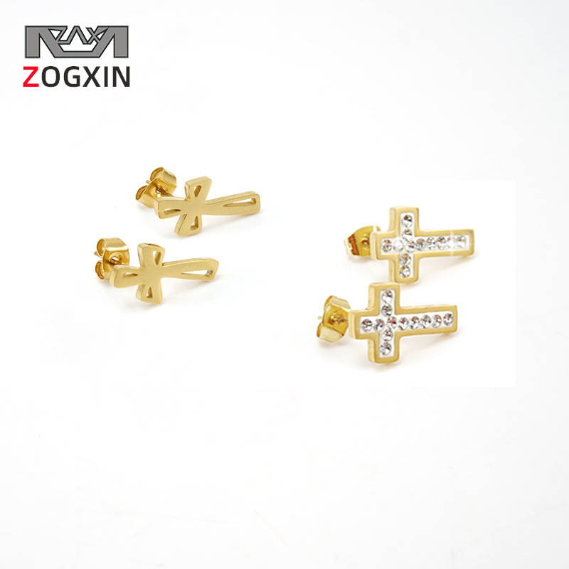 Fashionable Stainless Steel Cross Sticky Diamond Earrings for Women European and American 18K Titanium Steel Versatile Earrings and Earrings Wholesale