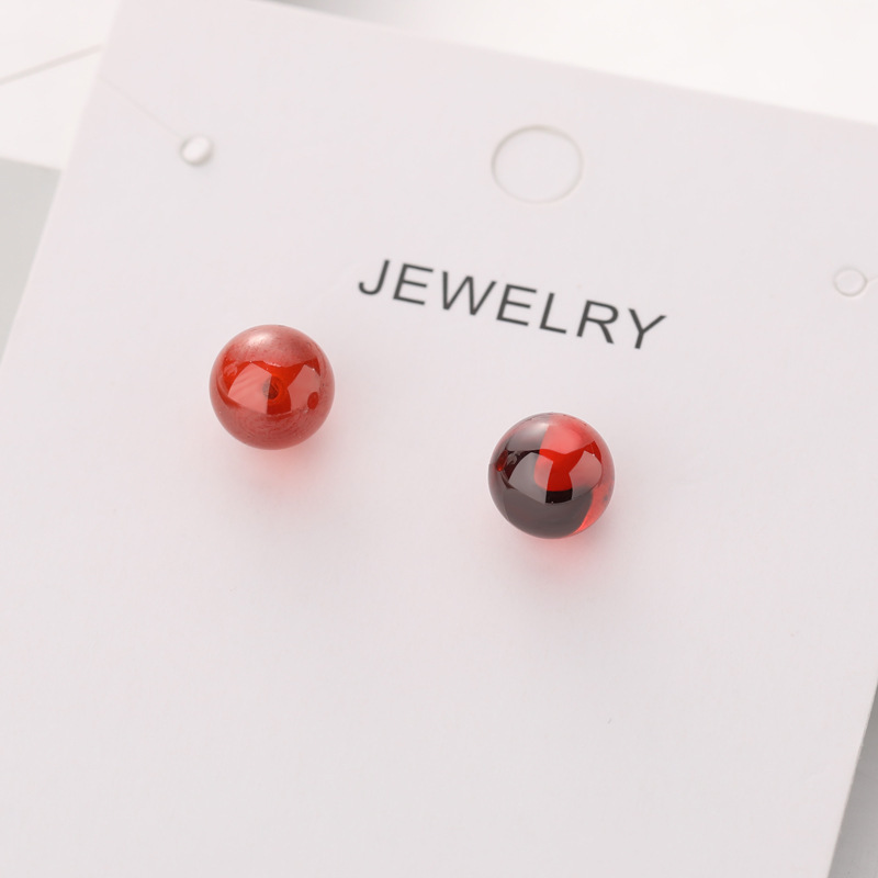 Korean style natural garnet zircon earrings for women, round red bead earrings, simple and fashionable earrings, forest style literary art
