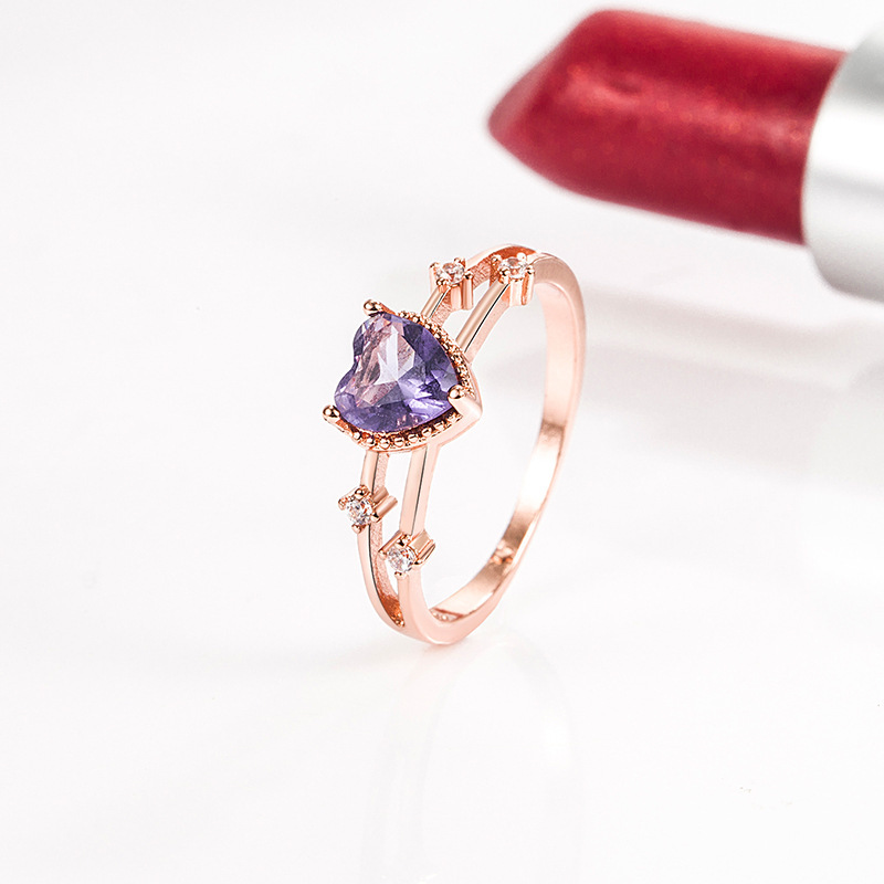 Amazon heart-shaped amethyst zircon ring for women European and American cross-border love purple diamond rose gold ring jewelry