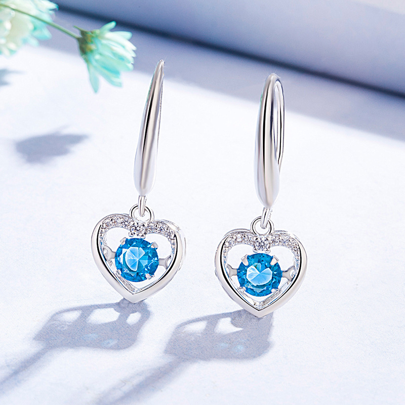 Korean version of sweet blue diamond heart-shaped smart earrings for women zircon long smart earrings internet celebrity fashion simple jewelry