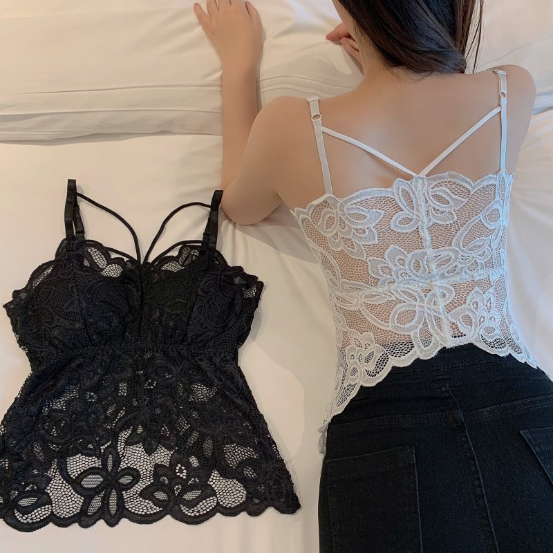 Beautiful back camisole for women with breast pads European style sexy long chest-wrapped net celebrity lace hollow underwear for summer outer wear