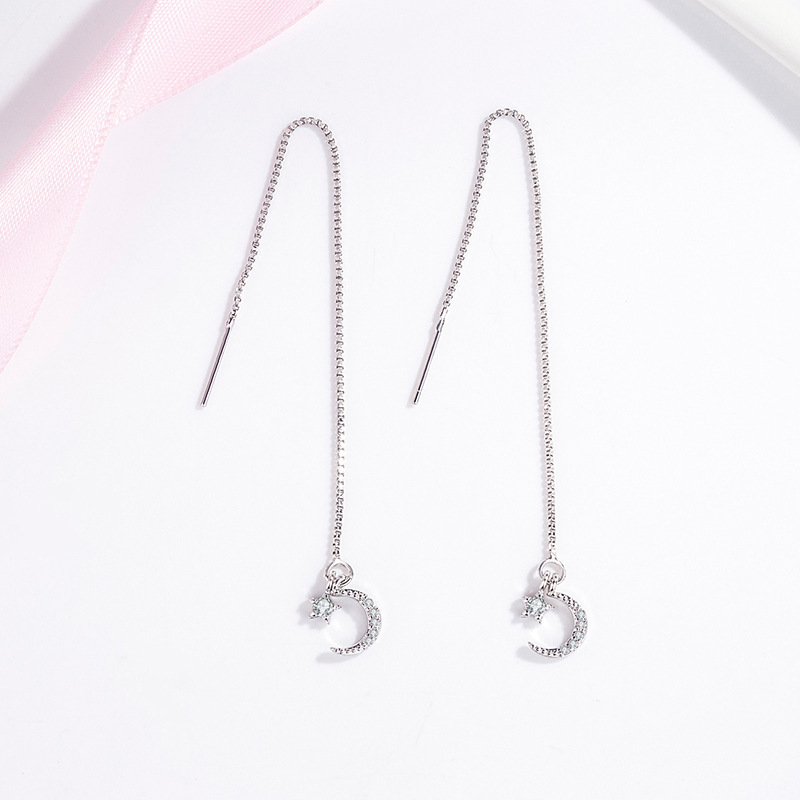 Korean version of the new micro-diamond moon and star long ear wire for women with diamond tassel ear wire, simple and fashionable student jewelry