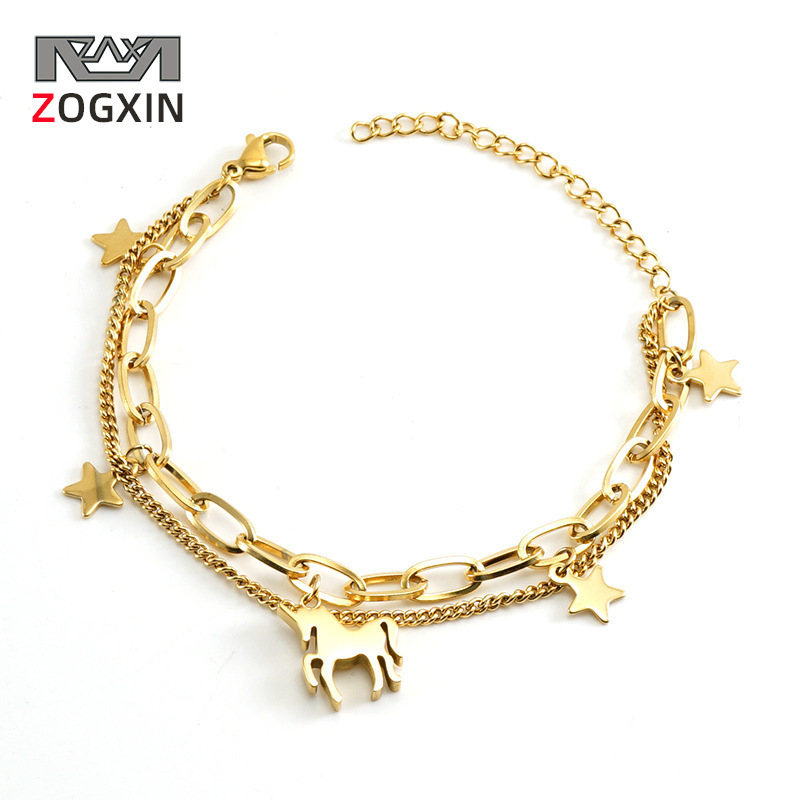 Cross-border European and American stainless steel fashion niche design unicorn bracelet titanium steel 18k gold double layer bracelet for women