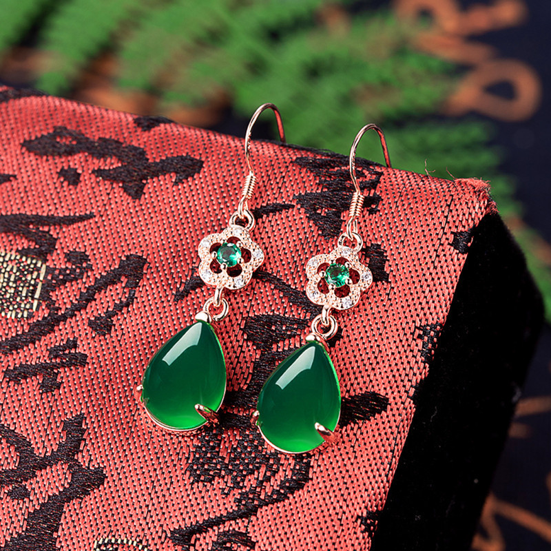 Retro drop-shaped diamond emerald chrysoprase earrings for women rose gold palace style green agate earrings jewelry