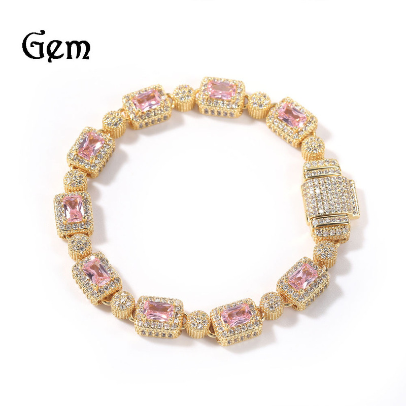 New gold-plated copper inlaid pink zircon hip-hop bracelet European and American ins style mixed diamond 8inch simple versatile bracelet