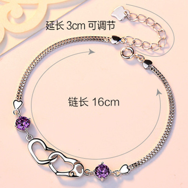 Korean version of silver-plated heart-shaped bracelet for women, happy signal double heart bracelet, fashionable diamond-encrusted crystal student jewelry wholesale