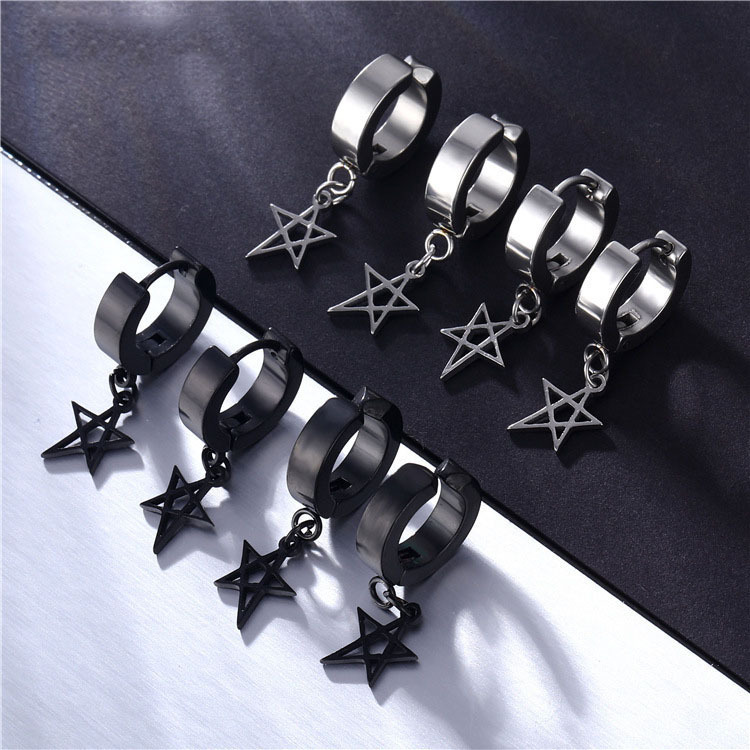 Korean style fashionable titanium steel earrings round men's pierced earrings cross five-pointed star pendant earrings geometric shape