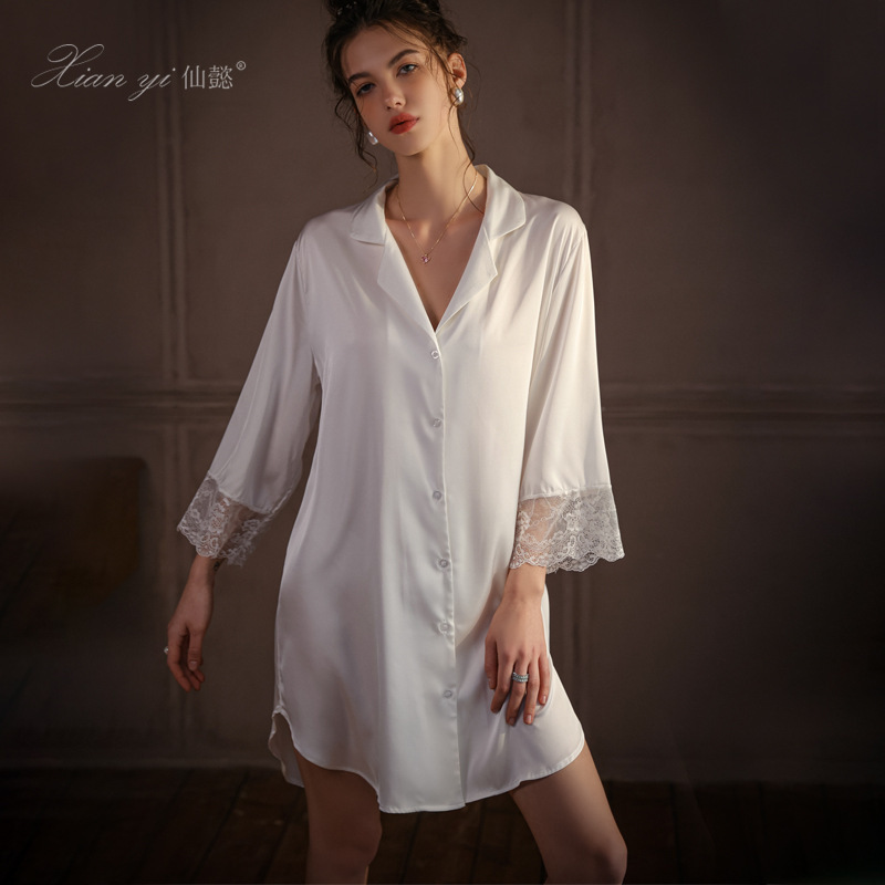 Xianyi spring and summer thin boyfriend style pajamas ice silk long-sleeved comfortable shirt nightgown set women's home wear 509