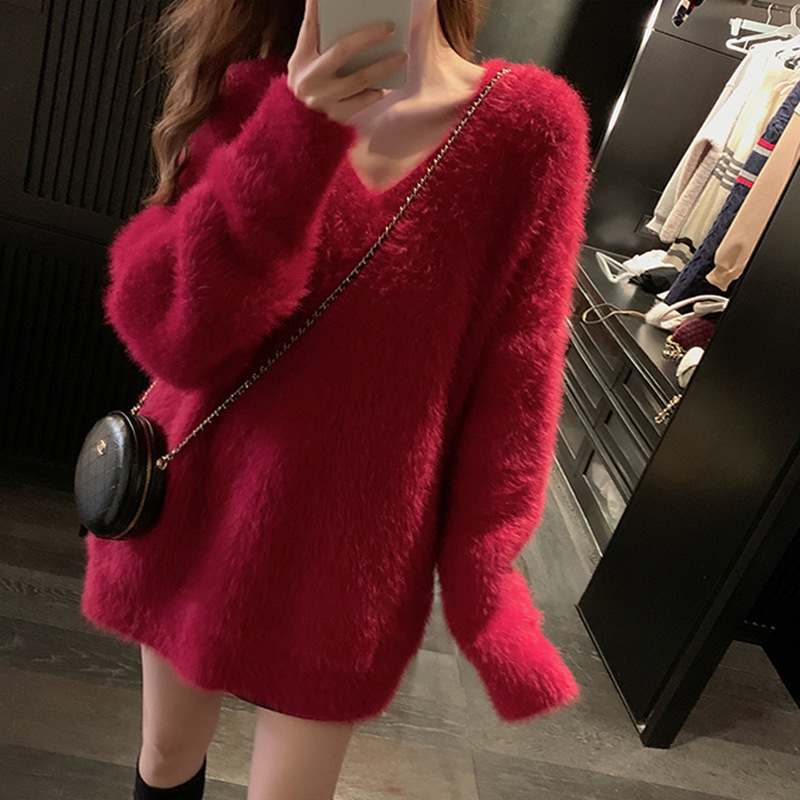 Imitation mink velvet sweater women's pullover autumn and winter new V-neck long-sleeved loose lazy style outer wear fashionable sweater