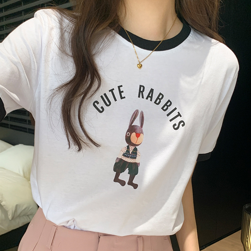 Simple student round neck T-shirt for women summer new style contrasting loose Korean style letter printed short-sleeved top design