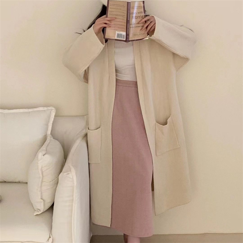 2023 Autumn and Winter New Korean Style Lazy Style Mid-Length Large Pocket Sweater Women's Retro Loose Slim Knitted Cardigan