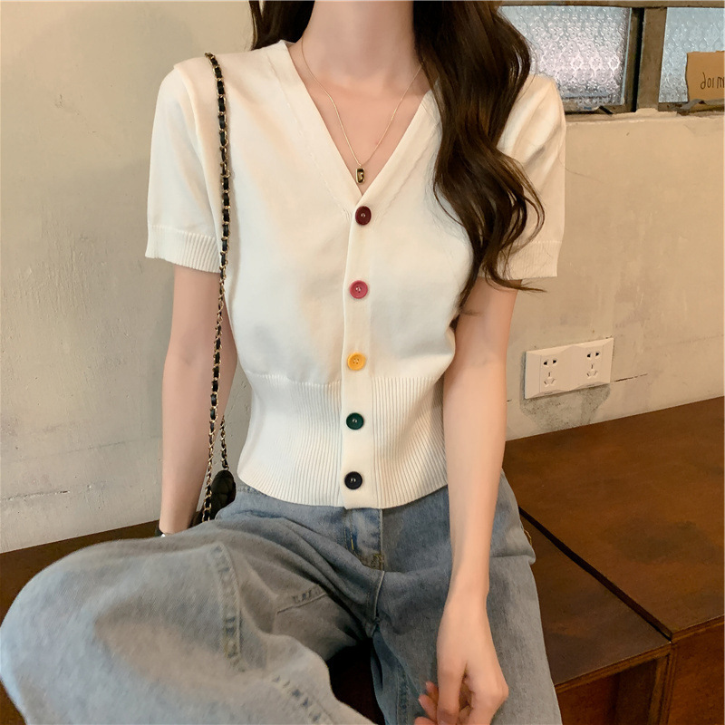 Short-sleeved ice silk knitted T-shirt women's short V-neck colorful button cardigan short-sleeved outer wear slim thin top trendy