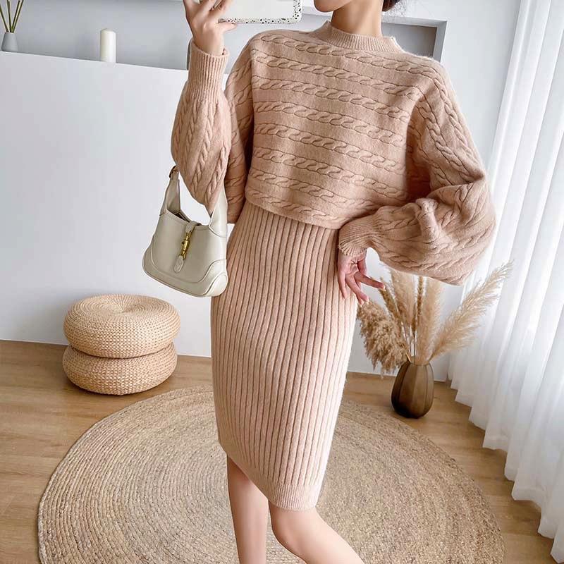 Autumn and winter Korean style lazy style sweater women's loose chic blouse top two-piece knitted camisole dress