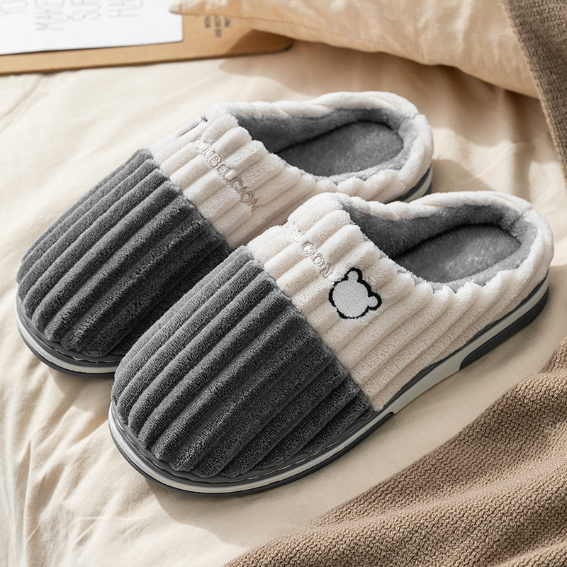 Autumn and winter cotton slippers for men simple home indoor warm non-slip thick-soled couple plush slippers for women winter