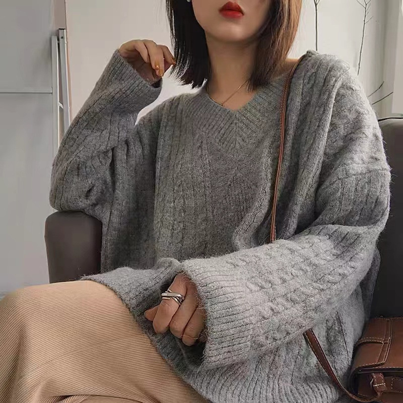 Retro twist large V-neck sweater for women 2022 autumn and winter new candy color lazy style pullover long-sleeved sweater for women