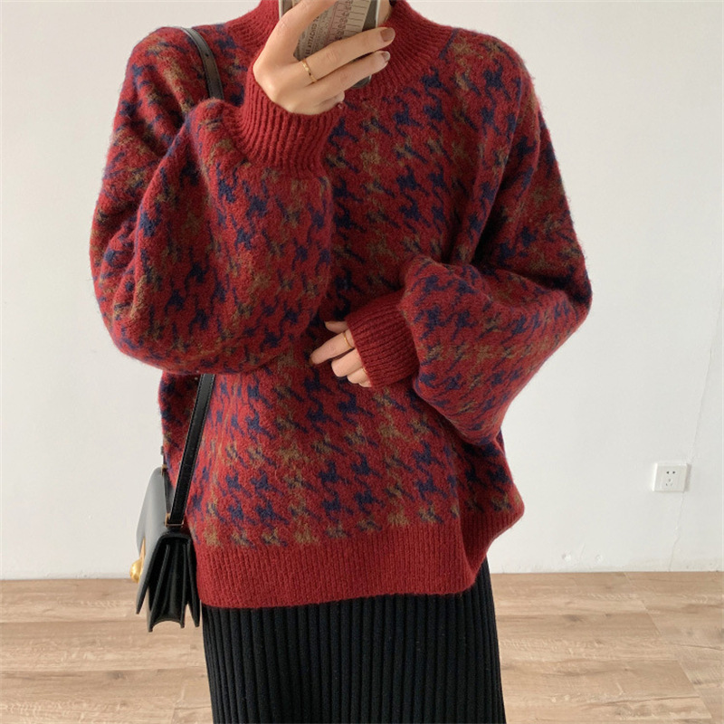 2022 New Lazy Style Thickened Retro Contrast Color Sweater Houndstooth Winter Loose Round Neck Pullover Sweater for Women