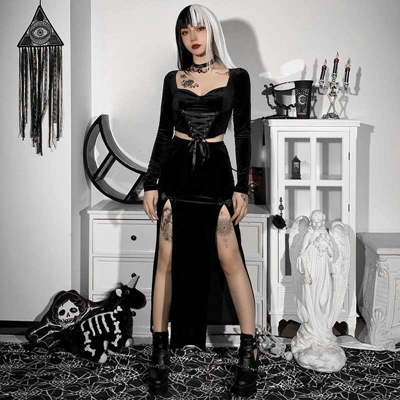 JY21507 European and American special punk style long skirt cos party high waist slim bow sexy slit skirt
