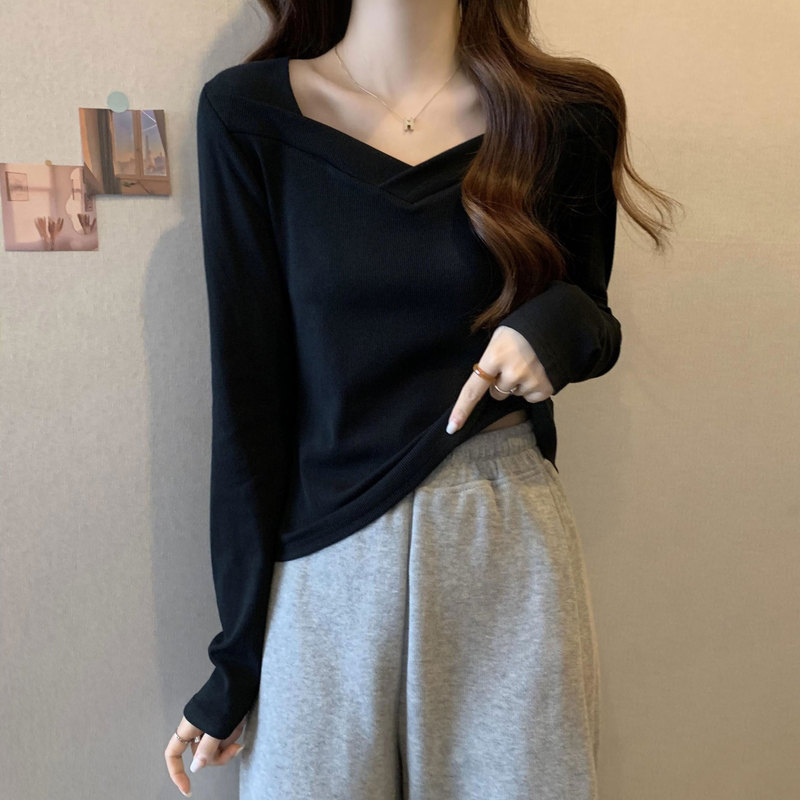 Large size fat mm bottoming shirt autumn and winter new design T-shirt niche square collar foreign style slim inner top