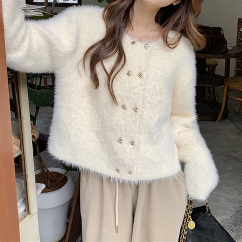 2023 Autumn and Winter New Soft Waxy Imitation Mink Velvet Short Round Neck Cardigan Long Sleeve Sweater Women's Lazy Style Knitted Sweater Trend