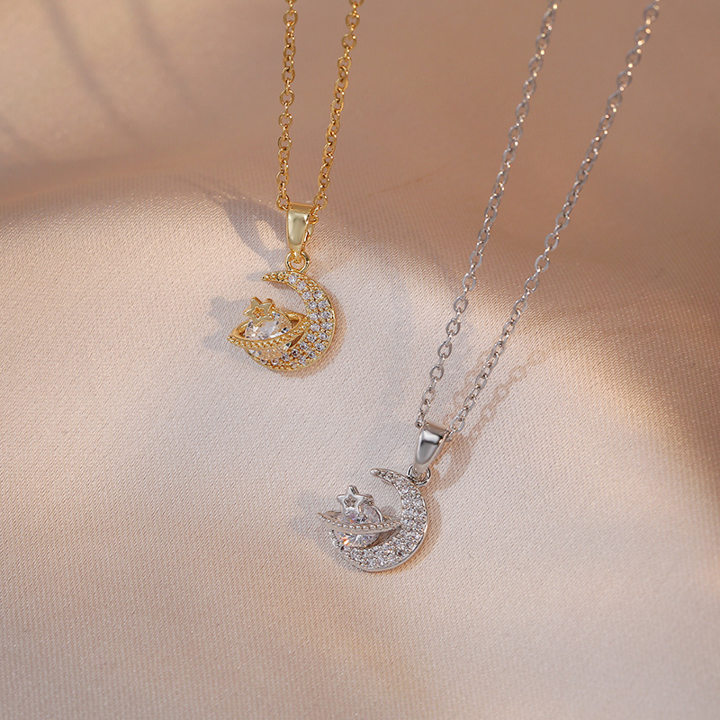 Necklace female Internet celebrity sweet star and moon zircon geometric niche light luxury new design pendant temperament titanium steel necklace
