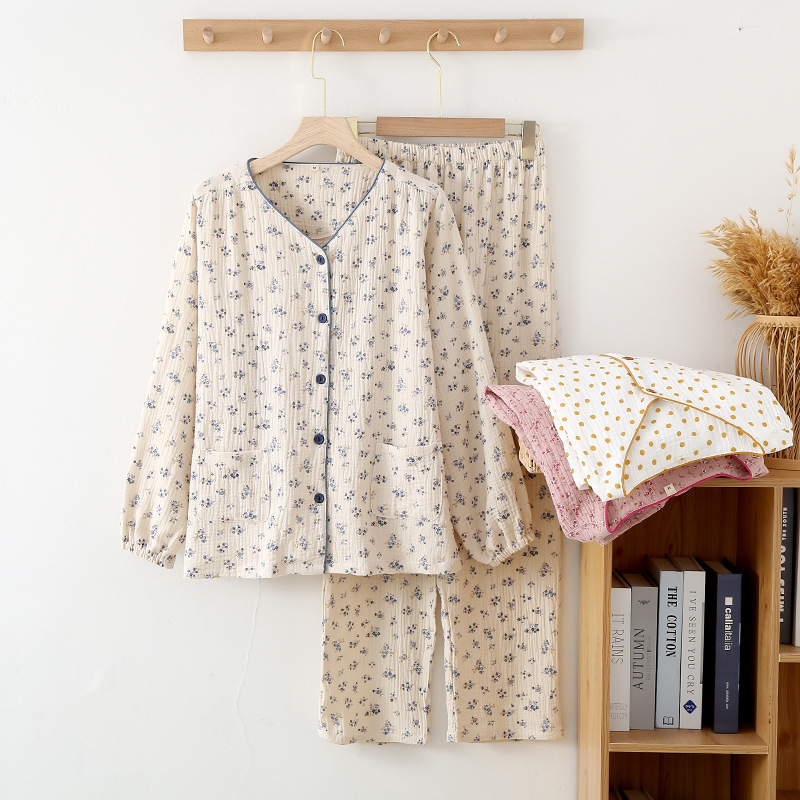 Spring, autumn and summer Japanese pastoral style long-sleeved women's pajamas pure cotton gauze cardigan thin simple home wear set