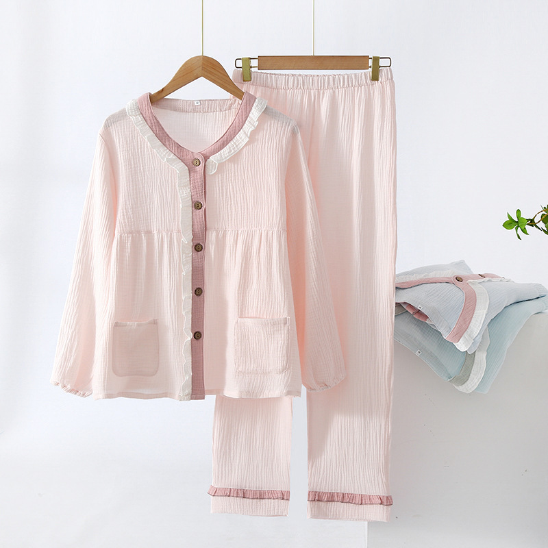 Spring, autumn and summer lace pure cotton crepe thin pajamas set for women Japanese sweet double-layer gauze long-sleeved home clothes