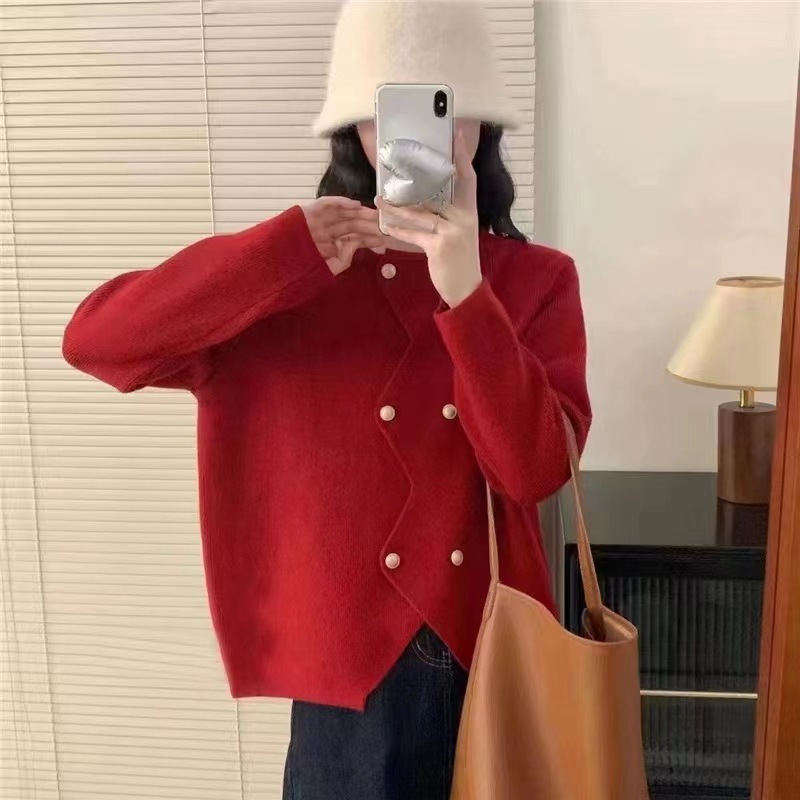 Spring and Autumn Women's Knitted Cardigan Jacket 2023 New Style Round Neck Long Sleeve Design Versatile Sweater Top