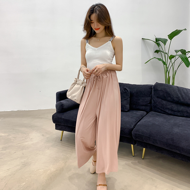 Maple's Edge Spring and Autumn New Women's Clothing Loose High-waisted Casual Wide-leg Pants Modal Elastic Waist Nine-Point Pants Shaking Pants