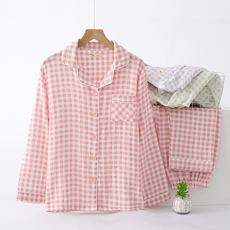 Spring and autumn pure cotton double-layer gauze women can wear plaid pajamas set simple Japanese thin summer home clothes