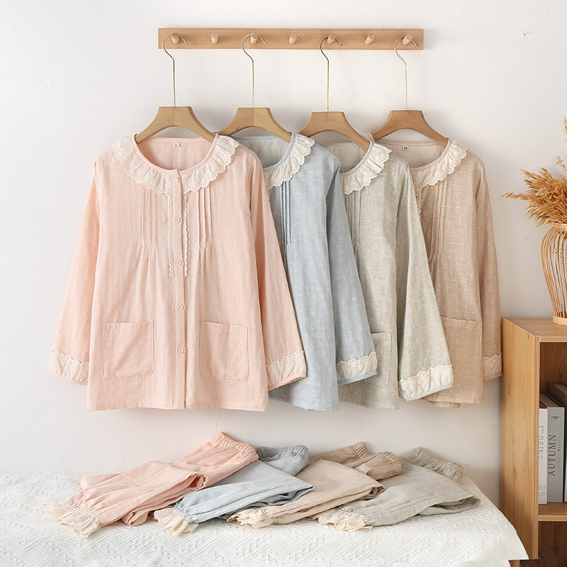 Spring and autumn pure cotton gauze pajamas for women, sweet and cute lace thin long-sleeved home wear set