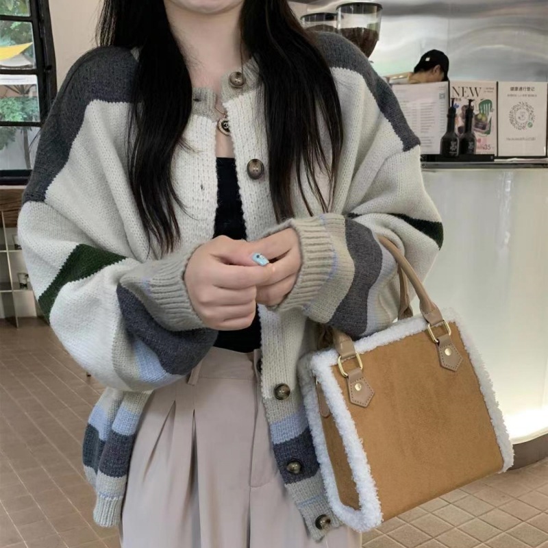 Striped coat decorated sweater women's 2023 autumn and winter new loose women's knitted round neck cardigan jacket