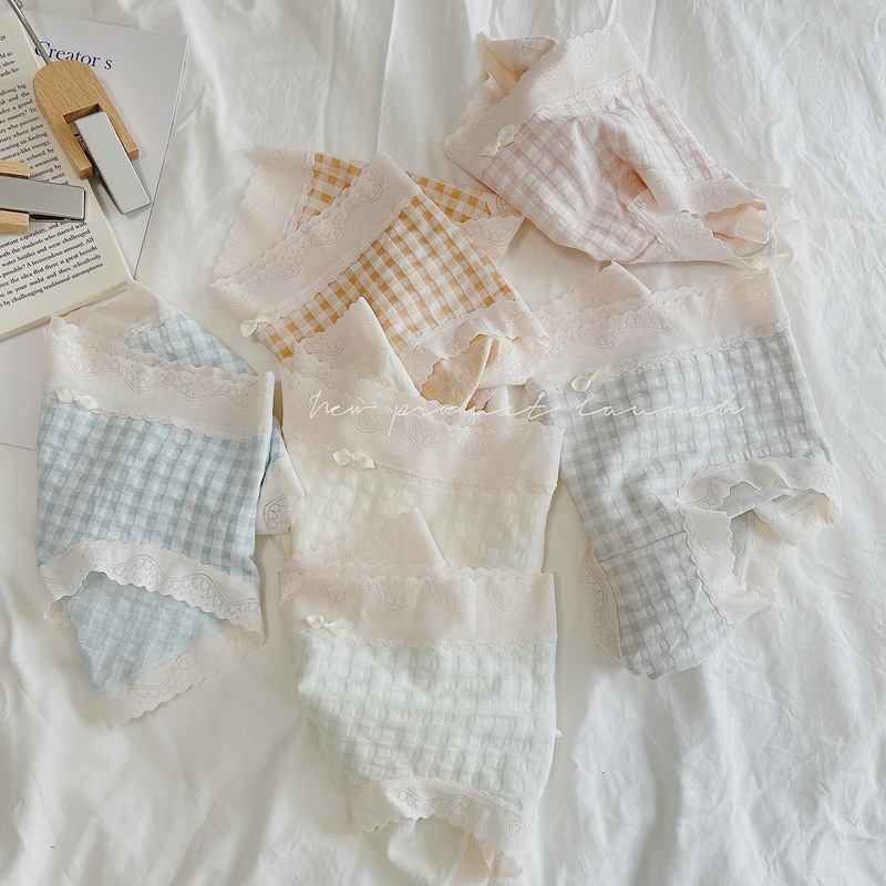 N8032 bubble grid cute and comfortable underwear for girls, fresh, Japanese style, sweet mid-waist, high elasticity, no trace