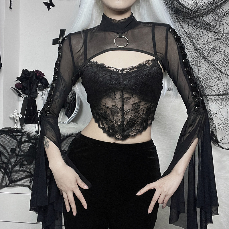 WY22024 Temperament see-through mesh top for women, dark style, half turtleneck, bell sleeves, double-sided webbing, slim waistcoat