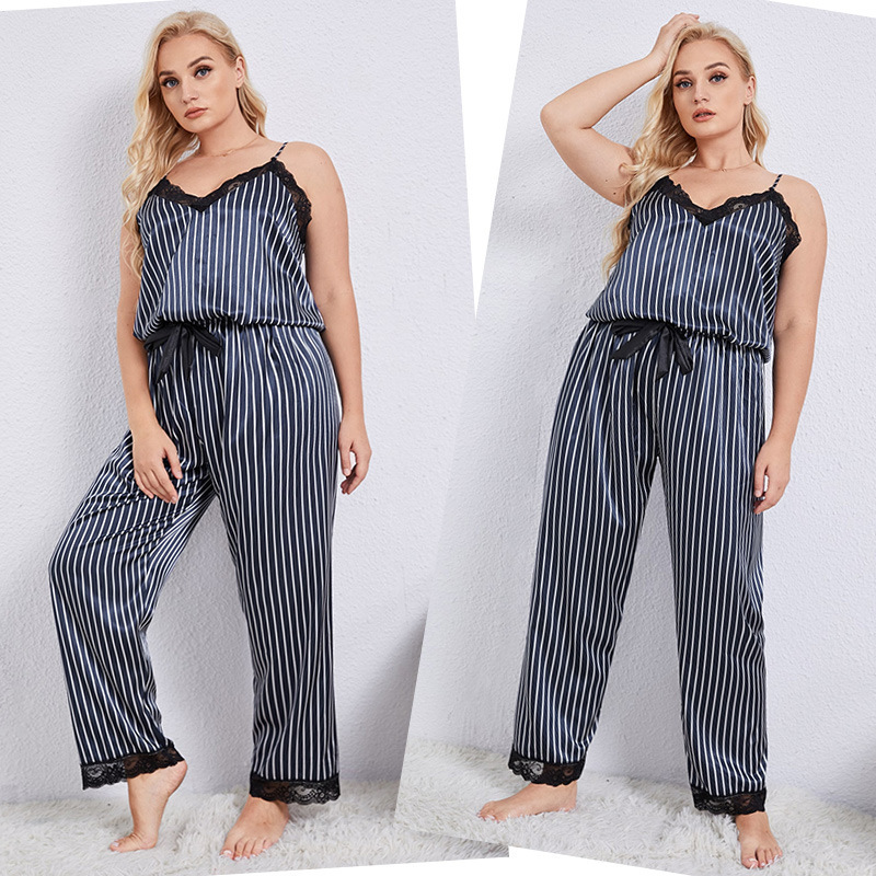 Extra large and fat spring and summer suspender pajamas for women loose suspender pants two-piece set imitation silk casual home wear