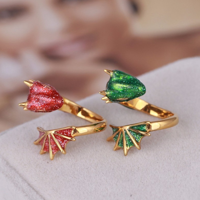 Longrui cross-border fashion enamel glaze highlights black knight dragon triceratops open girl ring