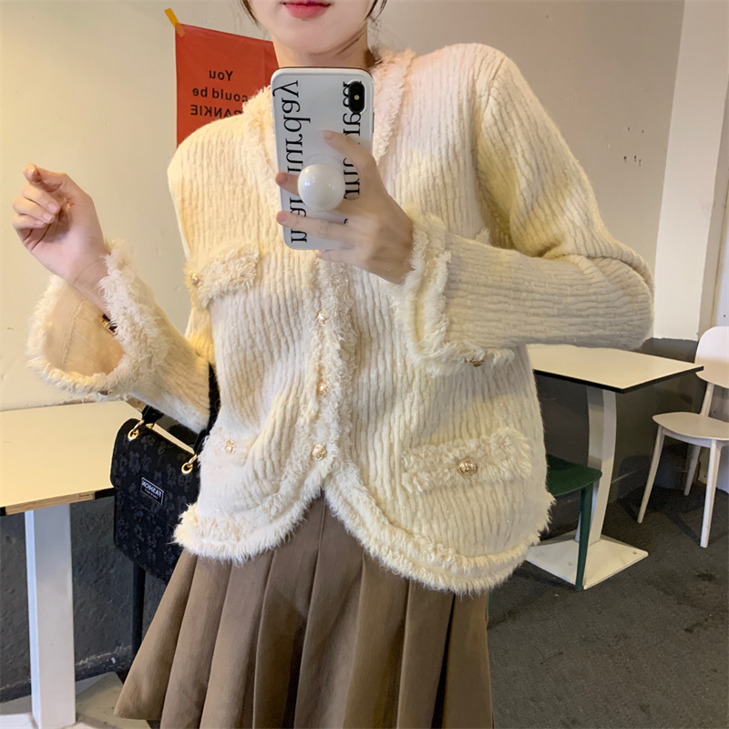 Korean sweet V-neck tassel sweater women's coat 2023 autumn new loose solid color long-sleeved knitted cardigan for women