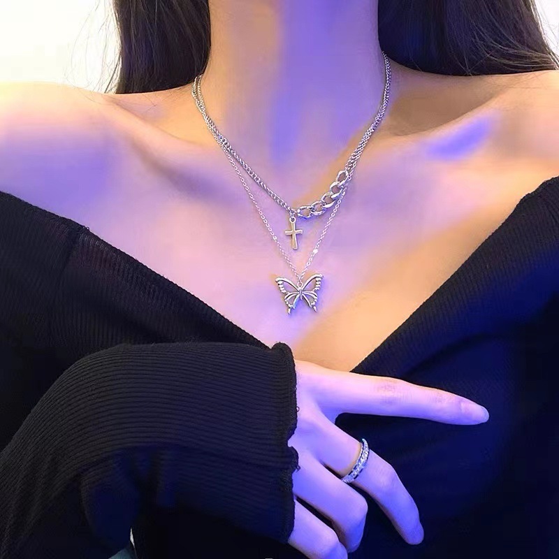 Autumn and winter butterfly cross double-layer necklace for women, light luxury niche design, high-end sense
