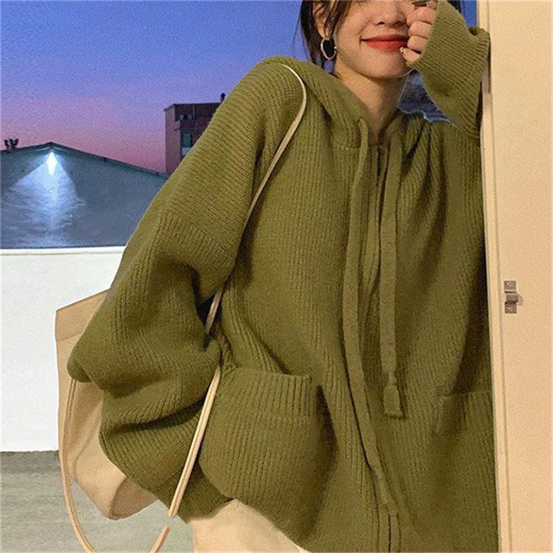 Lazy style sweater jacket women's design 2023 new autumn Korean style outer wear hooded knitted cardigan top
