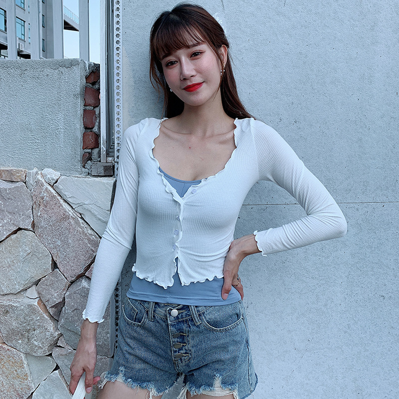 Maple's Edge Summer New Korean Style Wooden Ear Thin Solid Color Sunscreen Knitted Jacket with Small Slings Two-piece Set