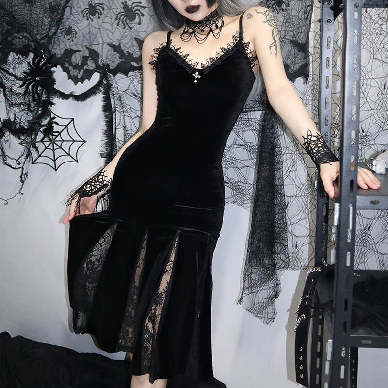 CC22161 European and American 2023 summer new cross-border skirt dark style lace slim stitching suspender fishtail skirt