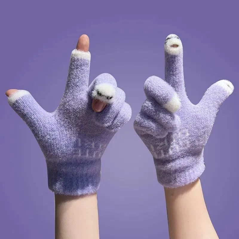 New touch screen women's gloves cute woolen knitted writing and playing with mobile phones to keep warm autumn and winter cartoon students versatile style