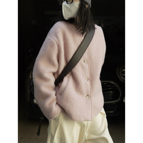 Winter new Korean style casual long hair mohair suit silhouette loose simple quilted commuter coat women's thick