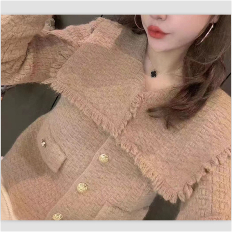 2023 New Knitted Cardigan Design Niche Fashion Navy Collar Gold Button Small Fragrant Style Sweater Tops for Women