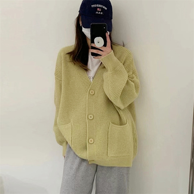 Korean style chic waffle lazy style sweater for women autumn and winter new V-neck cardigan long-sleeved sweater top for women