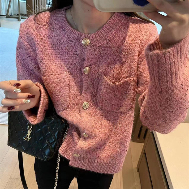Soft waxy knitted cardigan top for women spring and autumn 2023 new style French lady temperament round neck long-sleeved sweater jacket
