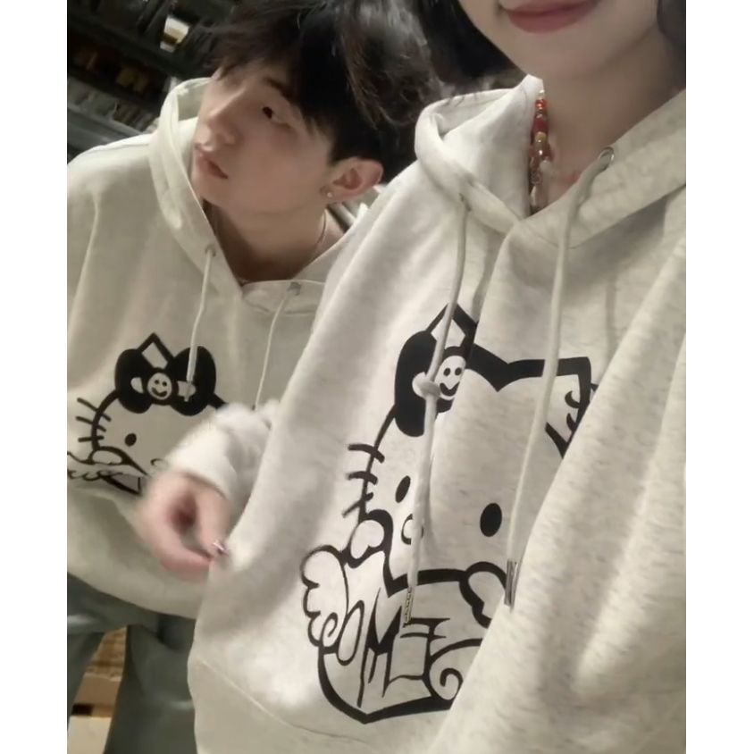 Autumn and winter 420g cotton loose hooded sweatshirt for men and women, cat print, versatile casual couple coat