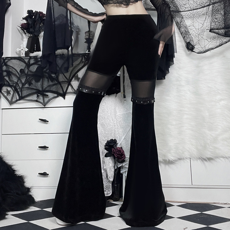 YY22347 Hot Girl Autumn Pants European and American Dark Mesh Splicing Slim Fit High Waist Flare Pants Casual Pants